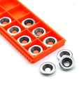 Front view: TANOMATE 16mm round carbide inserts, negative rake, 10 pcs in orange storage tray