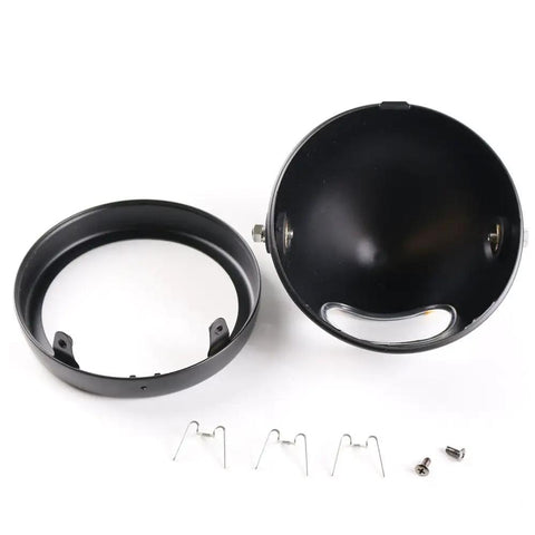 5.75 Inch Black Motorcycle Headlight With Smoked Amber Halo DRL And Matte Black Housing Includes 32 To 40 Mm Fork Tube Side Mount Brackets Fits Most Motorcycles From Cruisers And Cafe Racers To Choppers