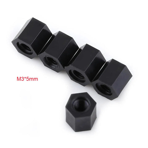 Premium Black M3 Female To Female Hex Threaded Standoff Spacers 100 Pcs PA66 Nylon on display, showcasing hex shape and size.
