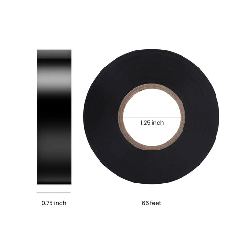 10 Pack Black Waterproof Electrical Tape Three Quarter Inch by Sixty Six Feet Pro Grade Industrial UL CSA Listed High Temp Vinyl Tape for Wiring Insulation and Outdoor Projects, front view, 0.75 inch wide, 66 feet length.