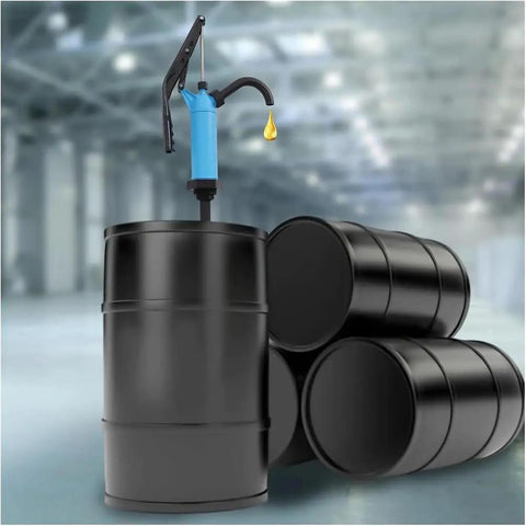 Hand Crank Barrel Pump For 55 Gallon Drums Oil Transfer Drum Pump For Engine Oil Diesel And Hydraulic Fluid With Ergonomic Lever Grip And Thickened PP Body For Smooth Mess Free Transfers on black 55-gallon drum