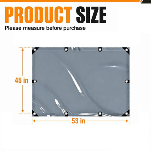Heavy Duty Forklift Roof Cover With Smoke Tinted Top Rain Guard showing size 53x45 inches with grommets and tie downs.