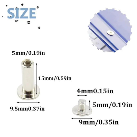 Pro Level Chicago Screws M5x15mm 100 Pack Heavy Duty Bookbinding Rivets Nickel Silver Stud Post Hardware size details on a white background.