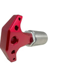 Heavy Duty Spring Loaded Pull Pin With Three Eighth Inch Stems And Slick Red Anodized Aluminum Knobs Rapid Locking Steel Bodies shown from an angle.