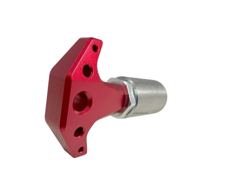 Heavy Duty Spring Loaded Pull Pin With Three Eighth Inch Stems And Slick Red Anodized Aluminum Knobs Rapid Locking Steel Bodies shown from an angle.