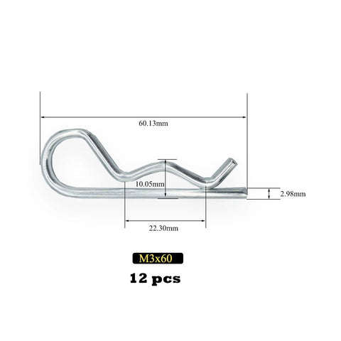 Beefed-Up Heavy Duty Hitch Pins 12 Pack With Spring Retaining R Clips M3x60mm For Trailers Tractors Lawn Mowers Carts And Trucks Thick 3mm Wire Galvanized 4.8 Carbon Steel Construction close-up