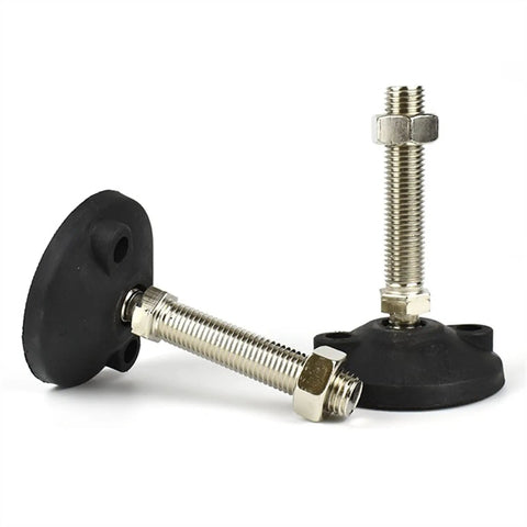 Four Adjustable Leveling Feet For Workbenches And Tables, 16mm Thread, 100mm Bottom, Nylon Foot Cups With Steel Bolts, Easy Floor Grip, Non Marking And Scratch Resistant, Ideal For Cabinets, Benches, Shelving And Heavy Duty Garages.