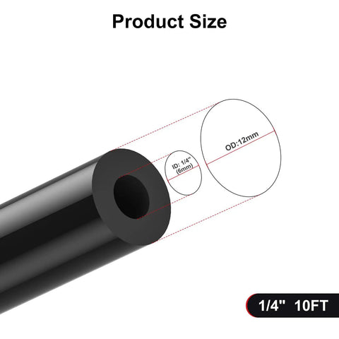 Product size diagram of Durable 10-Foot Black Silicone Vacuum Hose With 1/4 Inch Inner Diameter, 3mm wall thickness, 10FT length