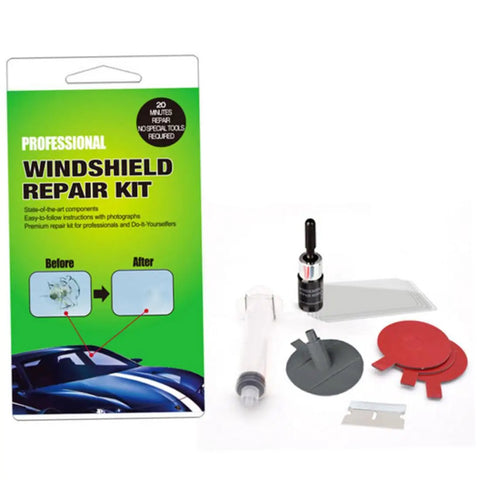 Windshield Repair Kit For Cracks And Chips, Auto Glass Quick Fix Tools With Resin Injection Head shown with packaging and components.