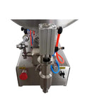Hella Precise Semi-Auto Piston Filler With Slick Mixer And Solid Stainless Steel Hopper, close-up of dispensing nozzle and controls.
