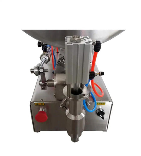 Hella Precise Semi-Auto Piston Filler With Slick Mixer And Solid Stainless Steel Hopper, close-up of dispensing nozzle and controls.
