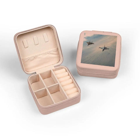 Flying F15 And F16 Jet Aircraft Jewelry Travel Case Pink, Compact 4 x 4 x 2 Inch Travel Jewelry Organizer With Soft Plush Lining