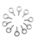 Stainless Steel M3 Shoulder Eye Bolts Pack With Ring 0.5 Mm Pitch 7 Mm Inner Diameter 13.5 Mm Outer Diameter 22 Mm Total Length 9 Mm Thread Length 3 Mm Ring Thickness 304 Grade Lifting Rings arranged in a circle, side view.