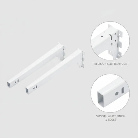 White Stainless Steel Slotted Shelf Bracket With Stud Alignment for kitchen, garage, and patio shelving, shown in detail view.