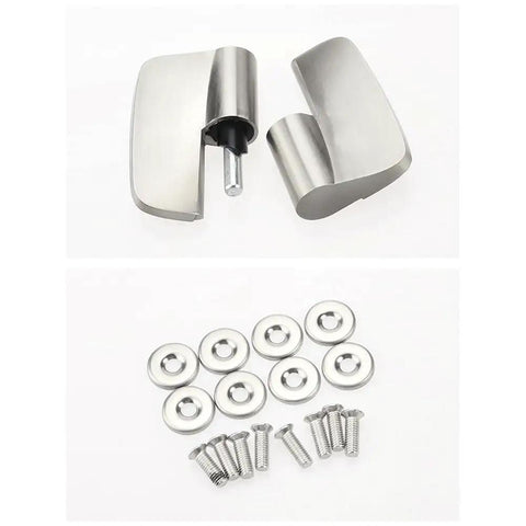Heavy Duty Stainless Steel Frameless Shower Door Hinges With Smooth Self Closing Action And Quick Snap Off Brackets For Effortless Bathroom Makeovers And Worry Free Setup Two Pack, includes screws.