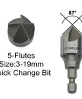 Countersink drill bit with Conquer five-flute 87° angle and 1/4-in hex shank for 3–19 mm holes