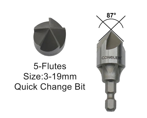 Countersink drill bit with Conquer five-flute 87° angle and 1/4-in hex shank for 3–19 mm holes