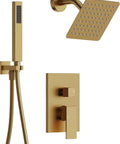 GRANDJOY 6" Wall Mount Shower System with Handheld Spray, Brushed Gold, includes handheld sprayer and rainfall showerhead.