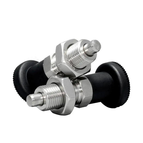 Grip Tight Two Piece M20 Thread Stainless Steel Ball Nose Spring Plunger Pair With Quick Twist Knob, showing detail of retracting pin mechanism.