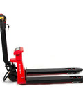 Huge Capacity Electric Pallet Jack With Built In Scale For Warehouse Moving Heavy Loads Up To 4400 Lbs side view of red pallet jack with scales.