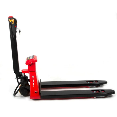 Huge Capacity Electric Pallet Jack With Built In Scale For Warehouse Moving Heavy Loads Up To 4400 Lbs side view of red pallet jack with scales.