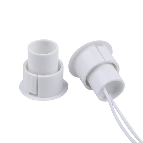Recessed Magnetic Door Switch And Window Sensor Normally Closed Reed Contact White Abs Body Lightweight Two Point Four Gauge Cable Five Piece Set showing two NC reed sensors with white ABS bodies.