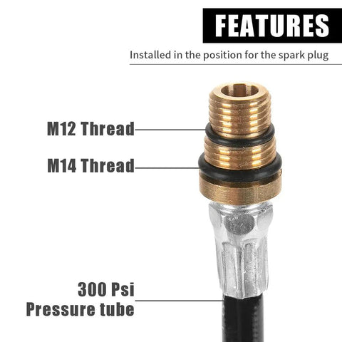 Heavy Duty Engine Air Valve Port Adapter M12 M14 To One Quarter Npt Brass Plug with thick rubber hose and pressure tube.