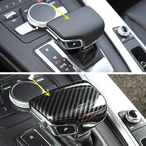 Sport Style Carbon Fiber Print Gear Shift Knob Cover Trim For Audi A4 B9 A5 Q5 Q7 S4 S5 SQ5 shown before and after installation