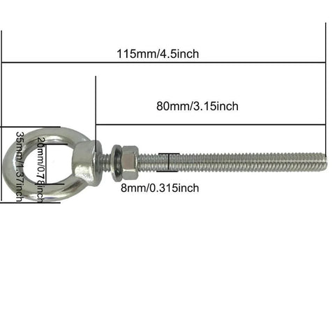 Heavy Duty Stainless Steel Eye Bolts 2 Pack M8 Shoulder Eyebolt Set With Washers And Nuts, 4.5 Inch Overall Length, 3.15 Inch Thread Length