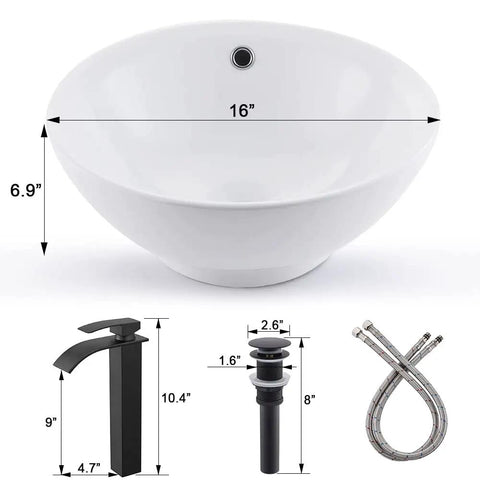 Ultra Sleek 16x16 Inch White Round Bathroom Sink Vessel Porcelain Ceramic For Above Countertop Install with faucet and drain