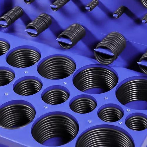 O-ring assortment kit in blue organizer tray; black nitrile O-rings in multiple sizes, top view