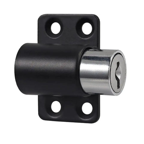 Rock Solid Heavy Duty Latch Kit, black metal slide lock bolt with key slot, designed for secure cabinet and door locking.