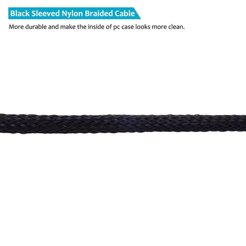 Close-up of black sleeved nylon braided cable for Five Way Fan Hub Splitter Cable For Desktop PCs PWM 4 Pin And 3 Pin Fans Power Extension Cord