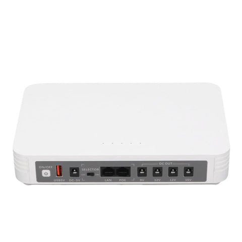 Reliable Mini UPS Backup With 8000 Mah Battery For Router And Modem, white device with ports for LAN, POE, and USB.