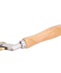 Steel seam roller with wooden handle and brass wheel for roofing membranes and wallpaper seams.
