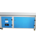 Straight Up Heavy Duty Metal Working Downdraft Table With Dual Drum Dust Collector And Welding Fume Extractor For Industrial Shop Grinding And Multi Stage Filtration 3KW 220V side view with blue doors and control panel