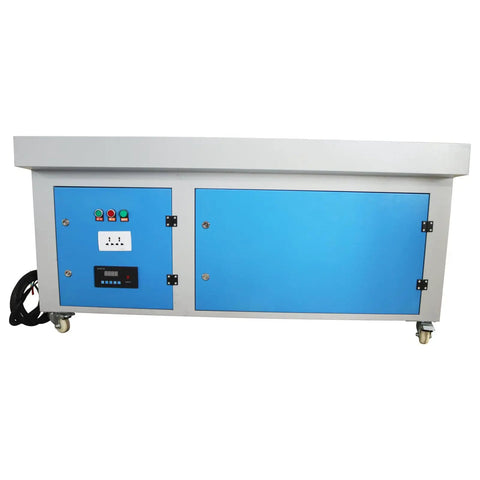 Straight Up Heavy Duty Metal Working Downdraft Table With Dual Drum Dust Collector And Welding Fume Extractor For Industrial Shop Grinding And Multi Stage Filtration 3KW 220V side view with blue doors and control panel