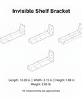Diagram showing hidden mount floating shelf bracket dimensions; suitable for living room and office use.
