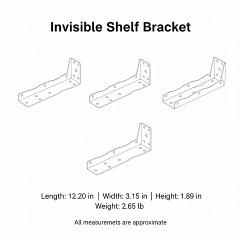 Diagram showing hidden mount floating shelf bracket dimensions; suitable for living room and office use.