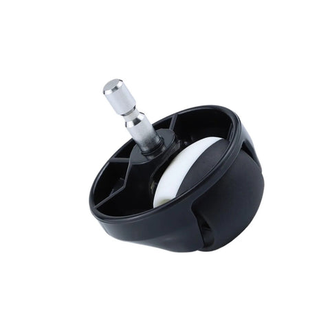 Roomba directional wheel assembly; black plastic housing with white wheel and metal axle, 1 piece
