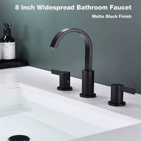 Matte Black 3 Hole 8 Inch Widespread Bathroom Faucet With Brass Lavatory Vanity Sink, Overflow Pop Up Drain, cUPC Waterlines, 360 Degree Swivel Spout, Built To Last Solid Brass With No Drip Ceramic Cartridge
