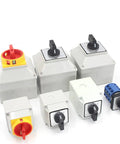Changeover Selector Switch With Waterproof Box Dual Power 3 Position 4 Terminals Power Transfer For Motors Water Pumps And Generators Rotary Cam 440V 20A LW26-20/1 in various shapes and housings.