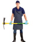 Man holding a 36 Inch Heavy Duty Mattock With Dual Head Forged Heat Treated Steel Blades Fiberglass Handle for gardening and digging.