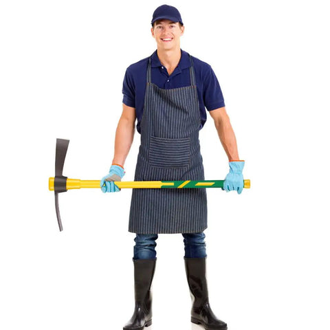 Man holding a 36 Inch Heavy Duty Mattock With Dual Head Forged Heat Treated Steel Blades Fiberglass Handle for gardening and digging.