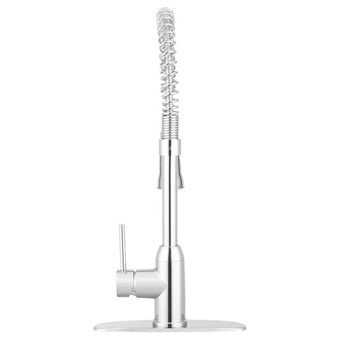 Chrome finish RV Kitchen Faucet With Pull Down Sprayer And High Arc Swivel Spout on deck plate, side view