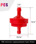 Image of 4 Pack Inline Gas Fuel Filter for Lawn Mowers, 1/4 Inch, 150 Micron Replacement, red plastic filter.