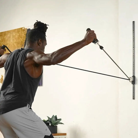 Person using the Premium Space Saver Gym Mount With One Steel Rail And One Quick Slide Car for resistance band training.