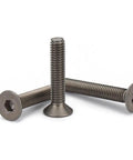 Top Shelf Grade Two Pure Titanium M3 X 20 Millimeter Countersunk Hex Socket Screws shown from different angles with detailed heads.