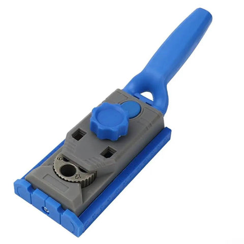 Knock Out Your Carpentry Projects With This Dead Nuts Accurate Pocket Hole Jig Kit Featuring Precision Depth Dial And Angled Drill Bit For Furniture Cabinet Joinery Plus Smooth Wooden Doweling Router Guide - Close-up of gray and blue pocket hole jig with depth gauge.