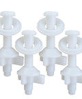 Close-up of 4 Pack Toilet Seat Screws Replacement Kit with plastic bolts, nuts, and washers, showing top mount fasteners for loose seats.